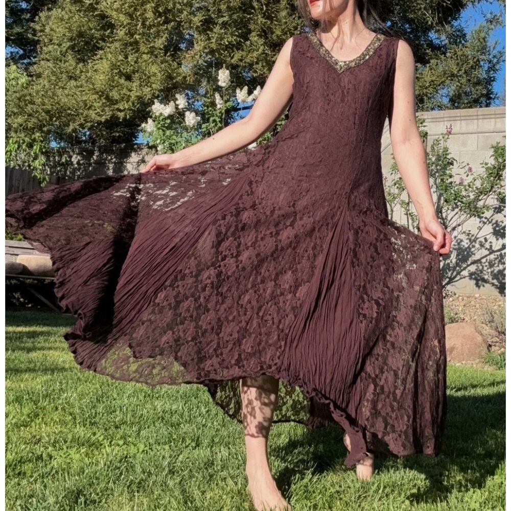 Vintage 90’s‎ Y2K Size 16 Brown Lace Sequined Beaded Maxi Dress - Picture 4 of 8